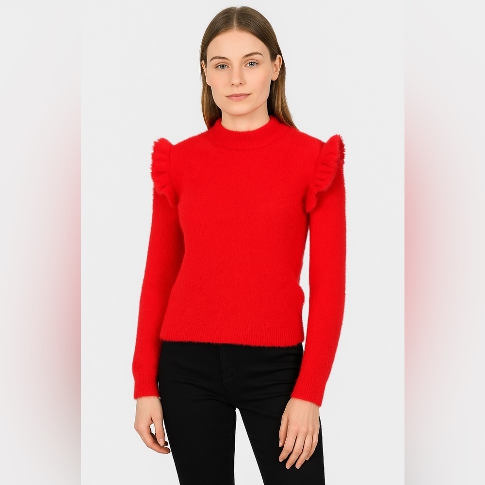 Molly Bracken Red Fuzzy Sweater Size M Ruffle Shoulder Soft Knit Holiday Top
